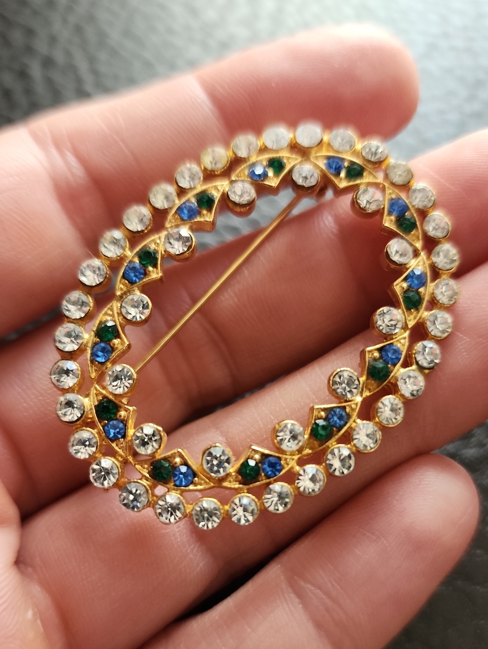 VTG Gold-Tone Crystal Oval Brooch with Blue & Green Accents